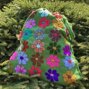 Green Flower Floral Design Embroidered Cotton Tote Handbag